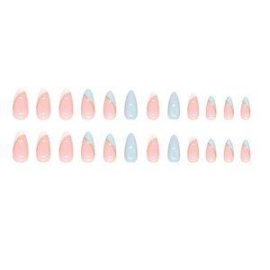 Almond shaped press-on nails with sweet pink and blue ombré design and gold glitter accents