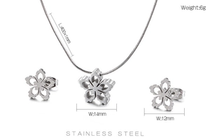Detail view of silver stainless steel hollow snowflake jewelry set with product dimensions