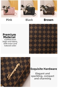 Detailed views of printed leather bags with silk scarves and gold metal logo hardware