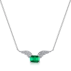S925 silver necklace with emerald-cut green stone and sparkling angel wings pendant