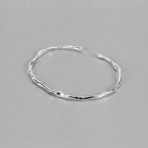 925 Sterling Silver Irregular Wave Bangle For Women Minimalist Liquid Metal Style Open Cuff Adjustable Bracelet Jewelry