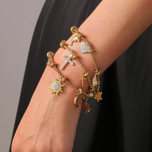 Bohemian multilayer 18k gold plated bracelet set with crystal heart and sea animal charms