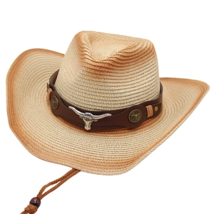 Chapeau De Paille De Cowboy Occidental Avec Bande En Cuir Et Tête De Taureau En Métal Protection Solaire Rétro Pour Plage