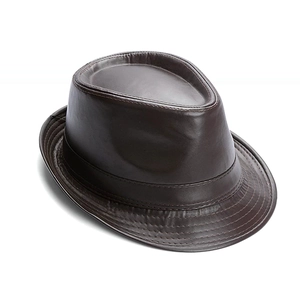 Detail showing high-quality dark brown leather texture and precise stitching on the fedora hat