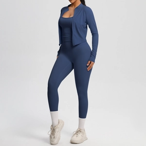 Detailed view of women's 3-piece navy yoga set with zipper jacket and high waist leggings