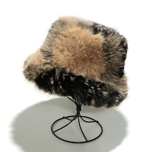 Fuzzy faux fur bucket hat in gradient brown and beige, winter warm plush fisherman cap