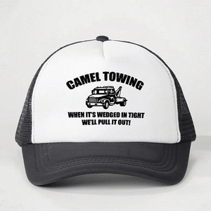 Classic black and white CAMEL TOWING trucker hat with breathable mesh and adjustable strap