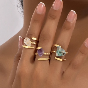 Bohemian Raw Stone Rings For Women Wire Wrapped Amethyst Turquoise Crystal Open Adjustable Geometric Jewelry