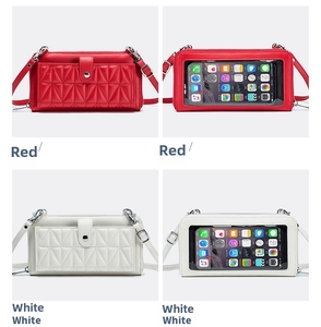 Detail of crossbody phone bag showing quilted leather front and transparent TPU back window