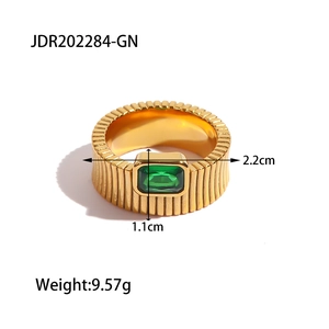 Detailed view of a gold-plated ribbed ring featuring a rectangular green gemstone inlay
