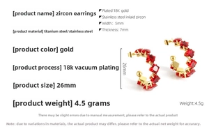 Detailed view of 26mm gold plated stainless steel hoop earrings with red zircon stones
