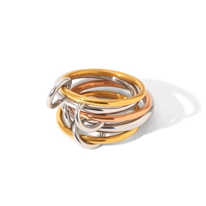 Three-tone linked stainless steel stacked ring set with gold, silver and rose gold bands
