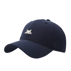 Cute navy blue baseball cap with white cat embroidery on front, stylish cotton sun hat