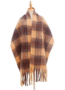 Close-up of brown and beige plaid scarf with fringe detail and soft plush texture