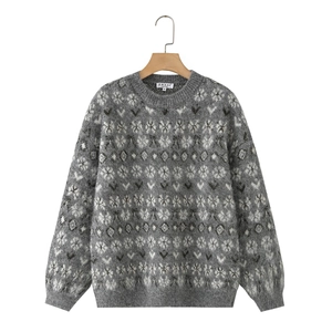 Cozy grey Fair Isle knit sweater with Nordic geometric jacquard pattern and soft mohair texture