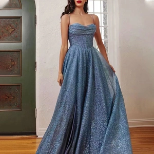 Women Sexy Glitter Sequin Maxi Dress Sleeveless Spaghetti Strap V Neck High Slit Backless Lace-up Formal Party Evening Gown