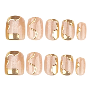 Short square nude cat-eye press-on nails with 3D metallic gold flowing lines décor