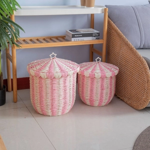 Handmade Paper Rope Storage Basket With Lid Star Topped Circus Style Stripe Decor For Kids Nursery Toys Organizer