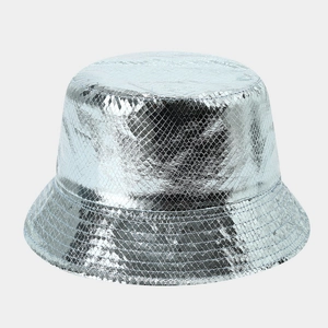 Detail of silver laser PU bucket hat featuring snake pattern embossing and metallic texture