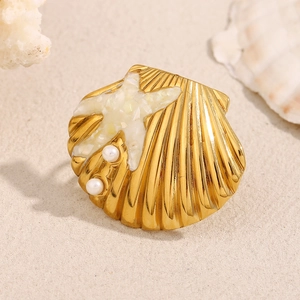 Gold-plated 18K starfish and shell open ring with iridescent inlay and small pearls