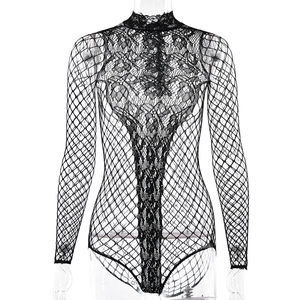 Close-up of black mesh bodysuit with lace patterns and sheer long sleeves on mannequin