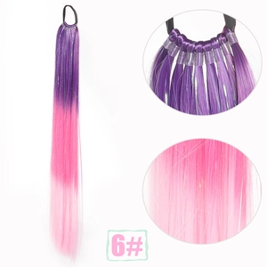 Detail view of 70cm purple to pink gradient ponytail extension with elastic hair tie