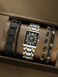 Detail view of square black dial quartz watch with mixed metal band and leather bracelets