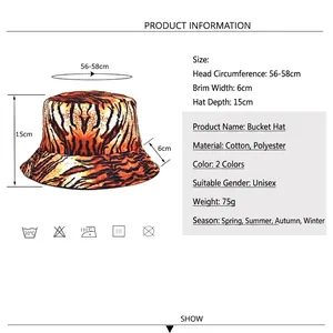 Tiger pattern reversible bucket hat with dimensions and specifications on white background