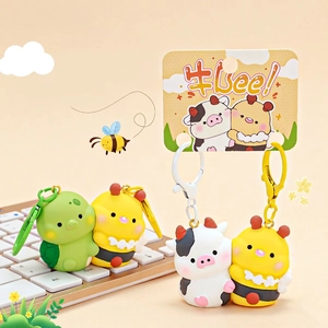 Cute magnetic cartoon animal keychains featuring cow, bee, and turtle resin dolls