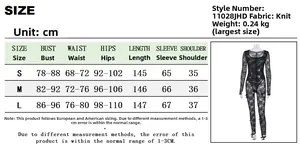 Detailed size chart for long sleeve lace bodysuit with knit fabric specifications