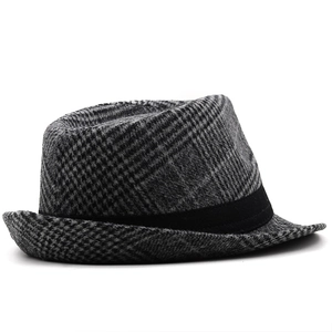 Classic British grey plaid wool fedora hat with black ribbon for men and women