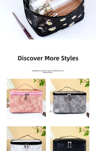 Detail view of various makeup bags featuring marble and floral patterns with dual zippers