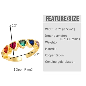 Detail view of gold-plated open ring featuring multi-colored heart-shaped zirconia stones