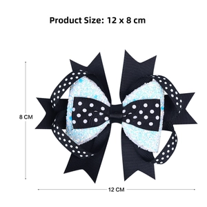 Detail view of large layered bow hair clip with black polka dots and blue sequins 12x8cm