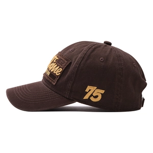 Retro dark brown baseball cap with yellow 75 embroidery and wide brim for sun protection