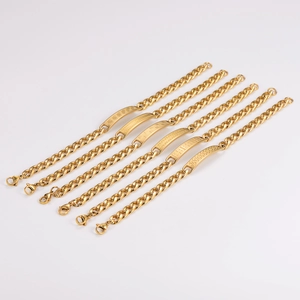 6-piece set of gold stainless steel Cuban chain bracelets with geometric pattern plates