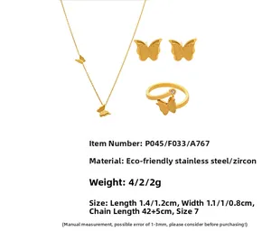 Detailed dimensions of 18K gold plated butterfly jewelry set with zircon accents