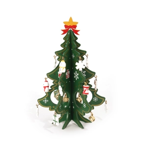 Detail of green wooden DIY Christmas tree with red bows and colorful hanging ornaments