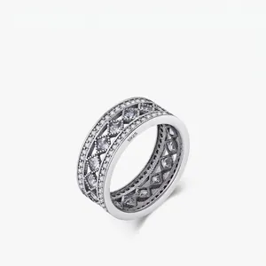Vintage Hollow Rhombus Wide Band Ring 925 Sterling Silver Cubic Zirconia Geometric Pave Statement For Women