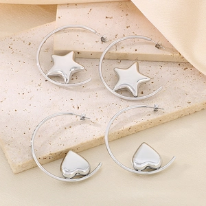 Polished silver stainless steel C-shape hoop earrings with star and heart charms