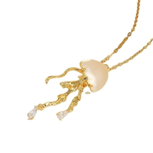 Elegant 14K gold plated jellyfish pendant necklace with lustrous pearls and zircon stones