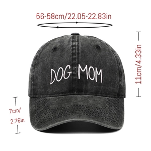 Black washed cotton baseball cap with DOG MOM white embroidery and size specifications