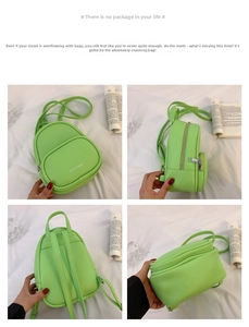 Detail view of mini neon green faux leather backpack showing front, side, and back angles