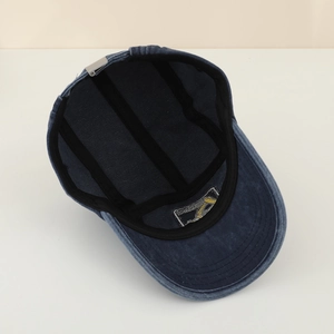 Navy blue washed denim kids baseball cap with adjustable metal buckle and interior details