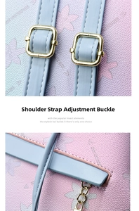 Detail of adjustable golden buckle and floral textured leather strap on woman's backpack