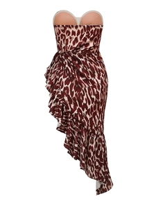 Detail of leopard print tube dress featuring satin fabric and asymmetric ruffled hem