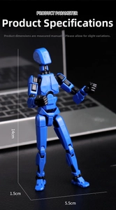 Blue 13-joint 3D printed action figure dimensions 14cm tall shown in a desk setting