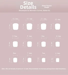 Size chart showing 24 pieces of short square press-on nails with precise measurements