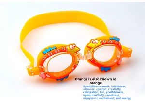 Close-up of orange cartoon fish swim goggles with TPE strap and clear anti-fog lenses