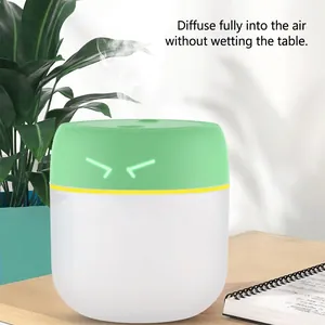Mini USB humidifier with colorful LED facial expression misting on a wooden desk